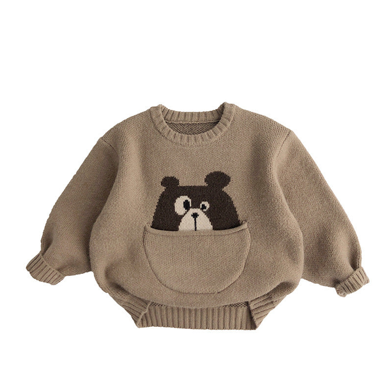 Kids' Sweater Pocket Autumn And Winter Men's And Women's Fashionable Cartoon Pullover Sweater Loose Khaki