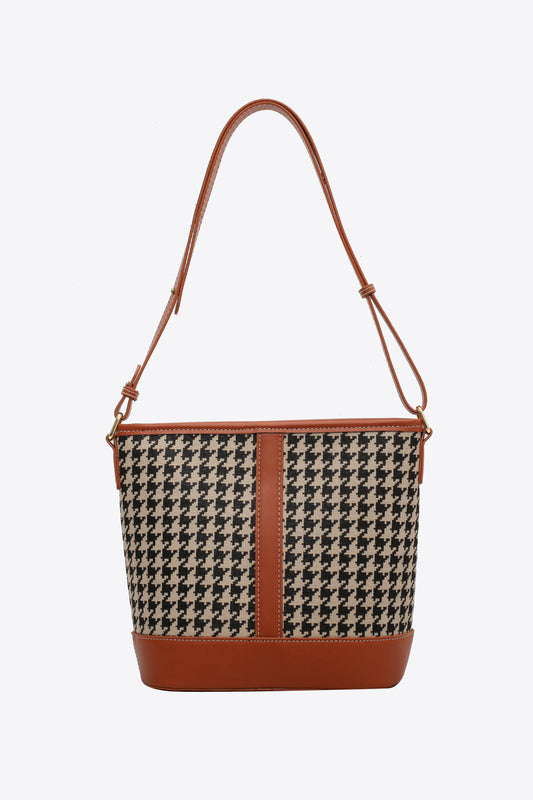 Houndstooth PU Leather Shoulder Bag Caramel One Size