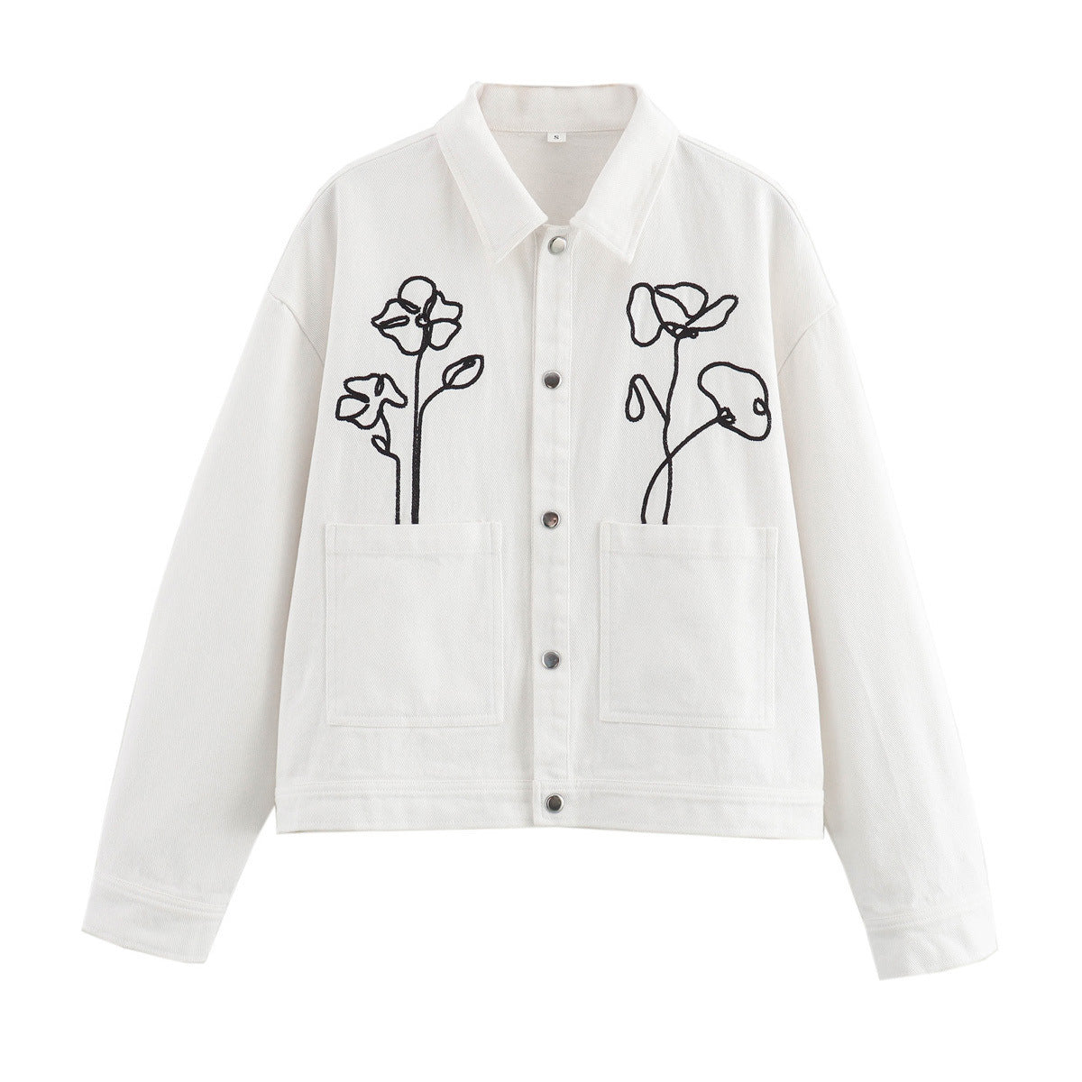 Women's Lapel Flower Embroidered Long Sleeve Baggy Coat White