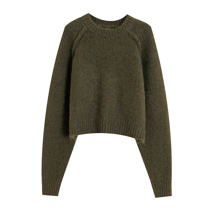 French Style Simple Temperament Leisure Round Neck Sweater Olive Green Free Size