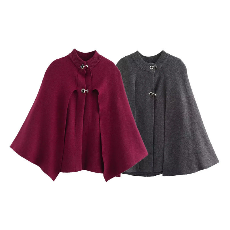 Gray Round-collar Cape Design Knitted Coat For Women