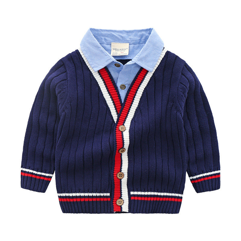 Baby fake two-piece sweater boy knitting Navy Blue