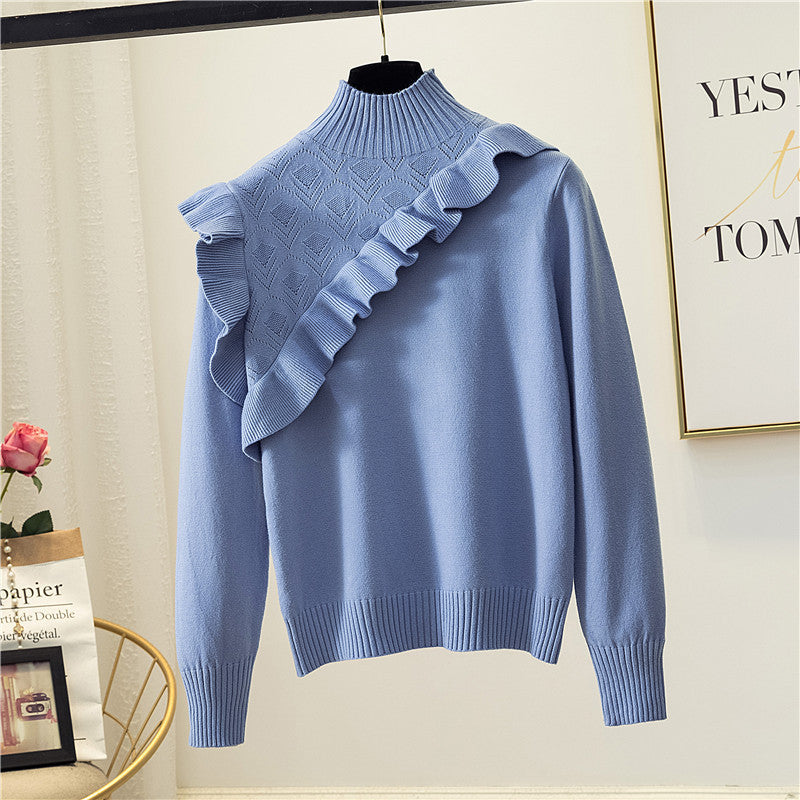 Korean Elegant Women Sweater Long Sleeve Blue One Size