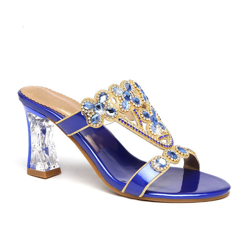 High-heeled Rhinestone Sandals Fashion Block-heeled Diamond Flower Sandals Blue Heel height 8cm