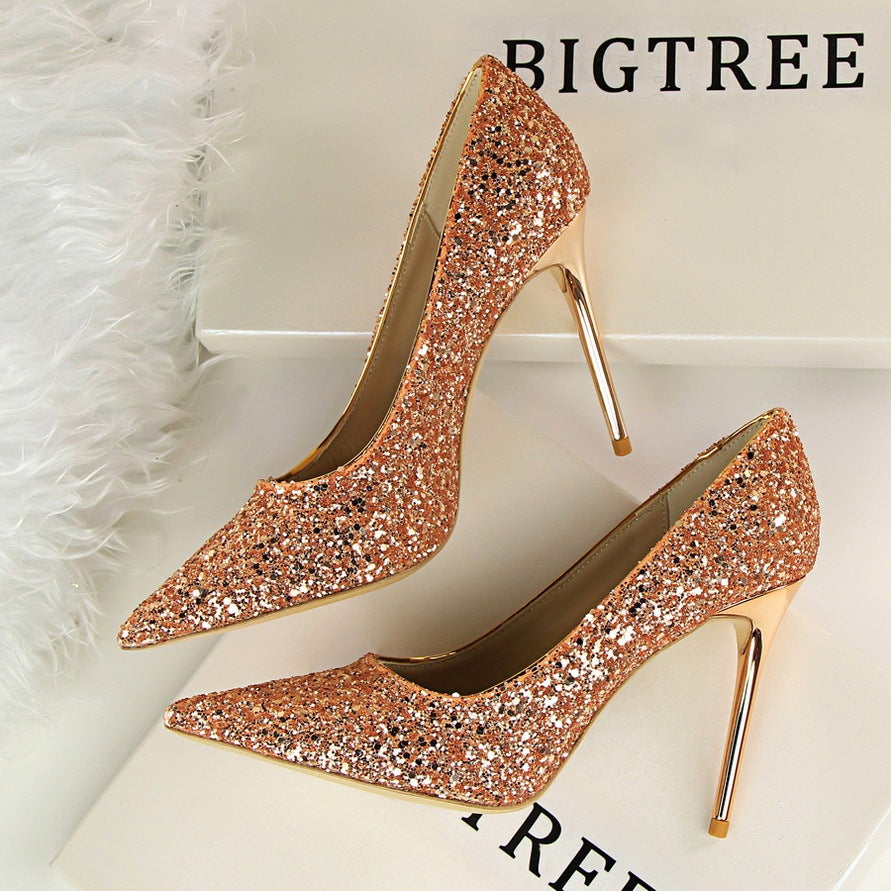 Shining sequins sexy slim nightclub high heels Champagne