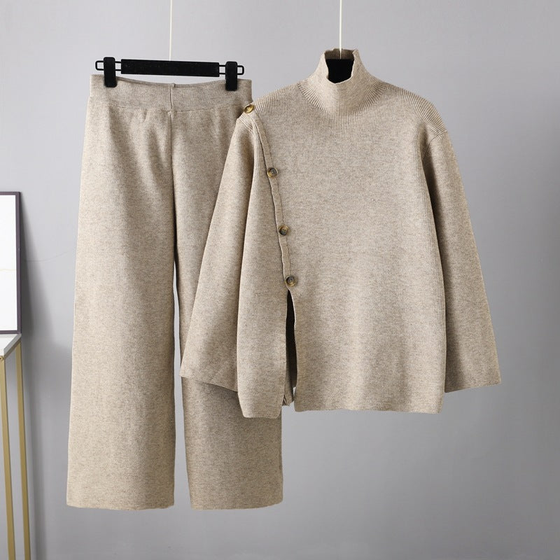 Niche Stand Collar Slit Knitted Turtleneck Sweater Wide Leg Pants Two-piece Set Khaki Average Size