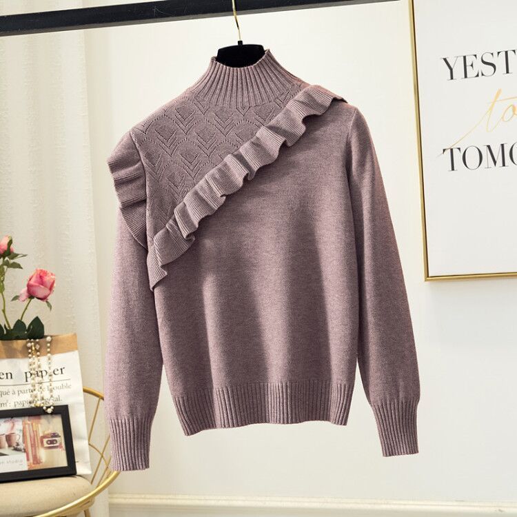 Korean Elegant Women Sweater Long Sleeve Khaki One Size