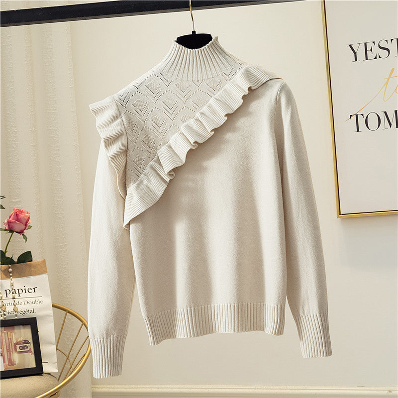 Korean Elegant Women Sweater Long Sleeve Beige One Size