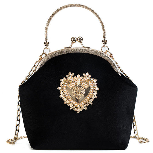 Personalized hand pocket retro gold velvet shell bag with diamonds Black