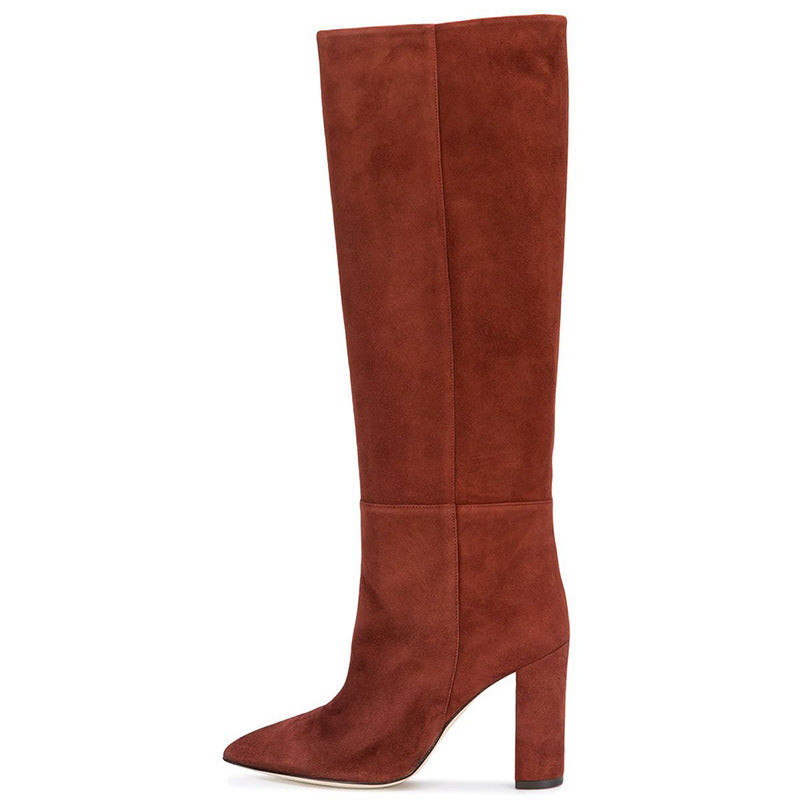 Brown Pointed Toe Thick High-heeled Knee Boots