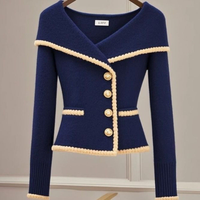 Lapel Sweater Cardigan Autumn Outer Wear Blue