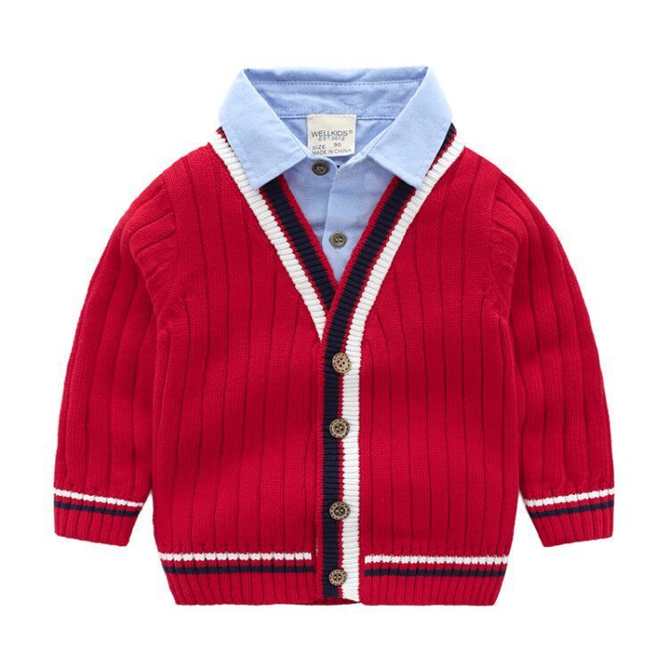 Baby fake two-piece sweater boy knitting Red