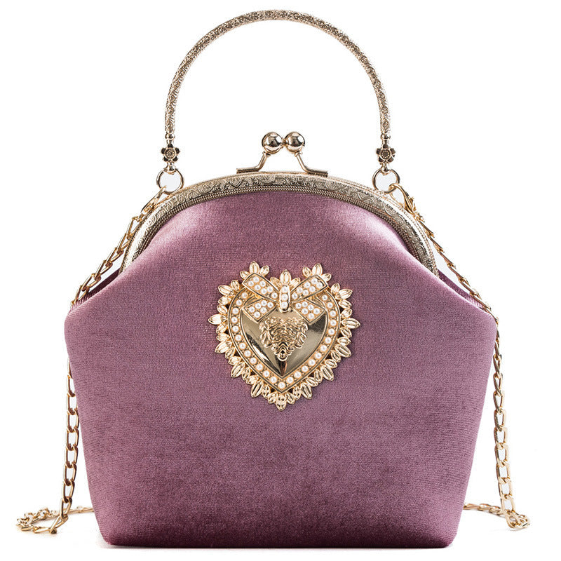 Personalized hand pocket retro gold velvet shell bag with diamonds Pink