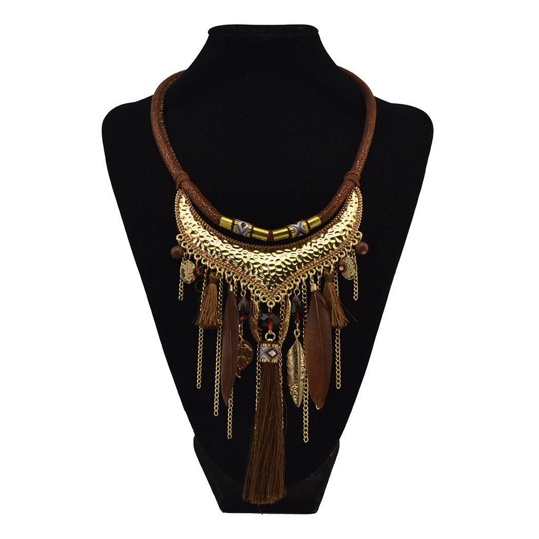 Original jewelry feather leaf tassel necklace Brown