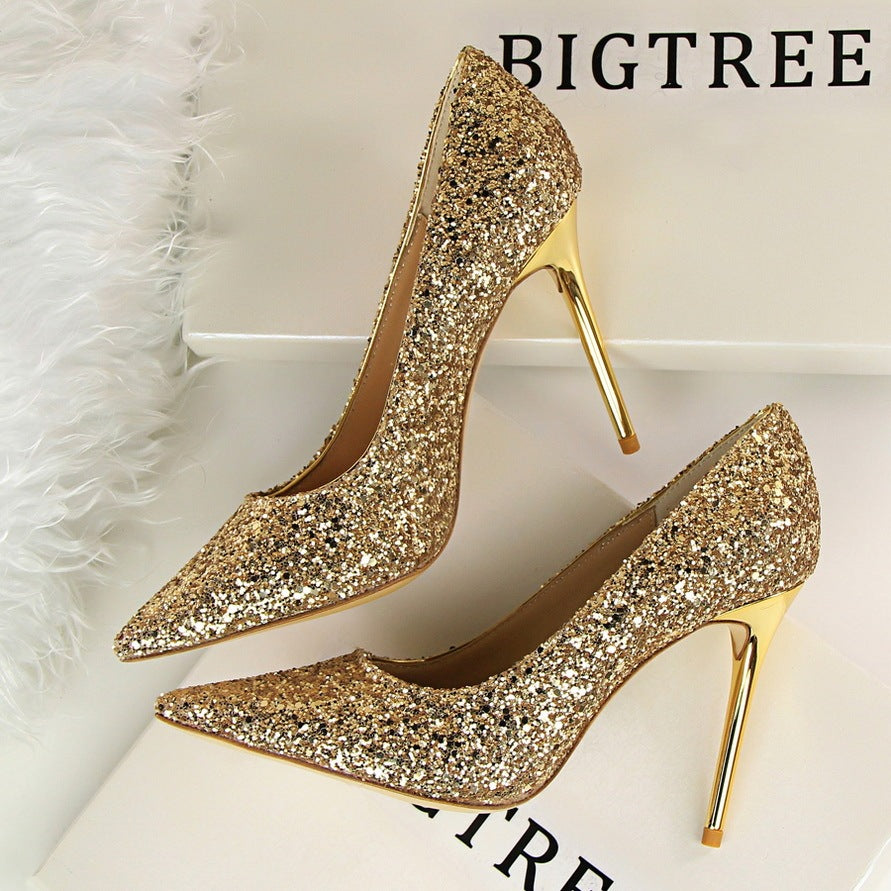 Shining sequins sexy slim nightclub high heels Gold