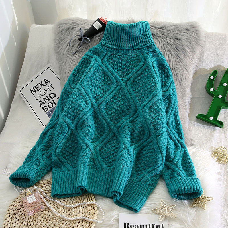 Plaid Turtleneck Knitted Women Sweaters Solid Thicken Warm Loose All Match Pulls Outwear Coat Tops Green One size