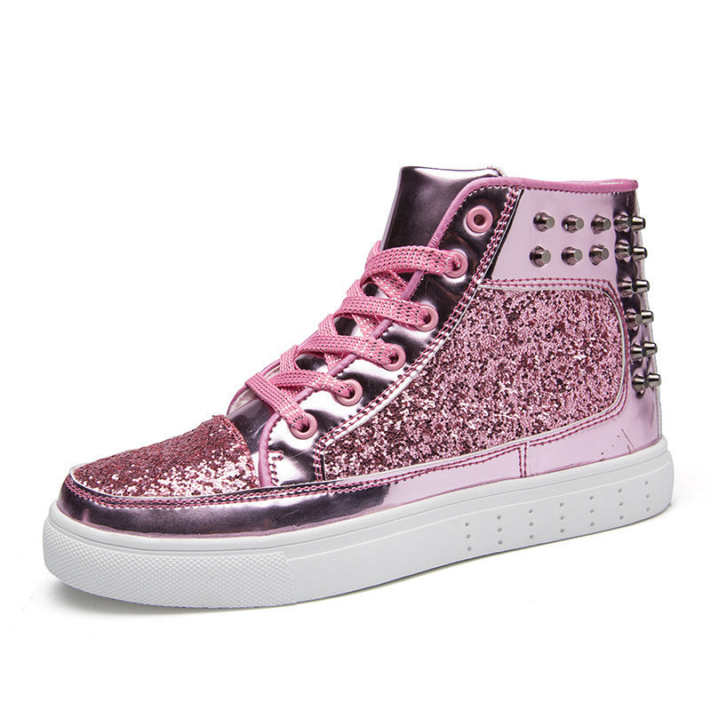 Women High Top Sneakers Sequins Rivet Lurex Glitter High-Cut Round Toe Lace-Up Shoes Outdoor Skateboard Shiny Flat Sneakers Rose