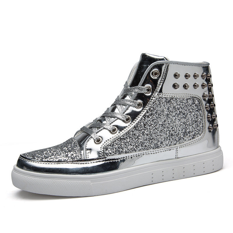 Women High Top Sneakers Sequins Rivet Lurex Glitter High-Cut Round Toe Lace-Up Shoes Outdoor Skateboard Shiny Flat Sneakers Silver