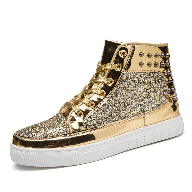 Women High Top Sneakers Sequins Rivet Lurex Glitter High-Cut Round Toe Lace-Up Shoes Outdoor Skateboard Shiny Flat Sneakers Golden