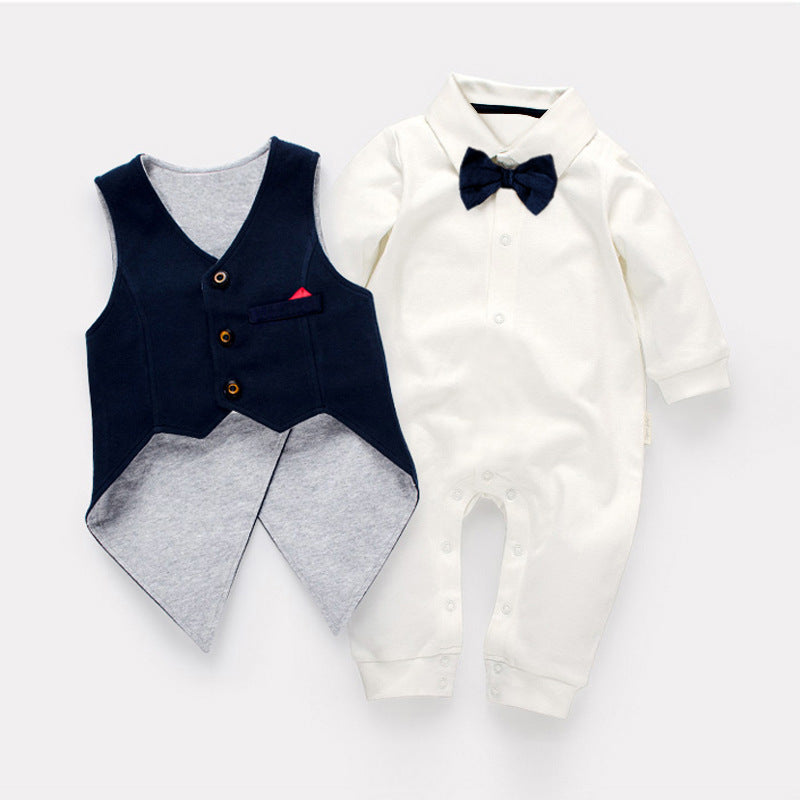 Gentleman Boys One-Piece Long Sleeve Climbing Suit Tuxedo Waistcoat Baby Boy Infant Toddler Set Dark Blue