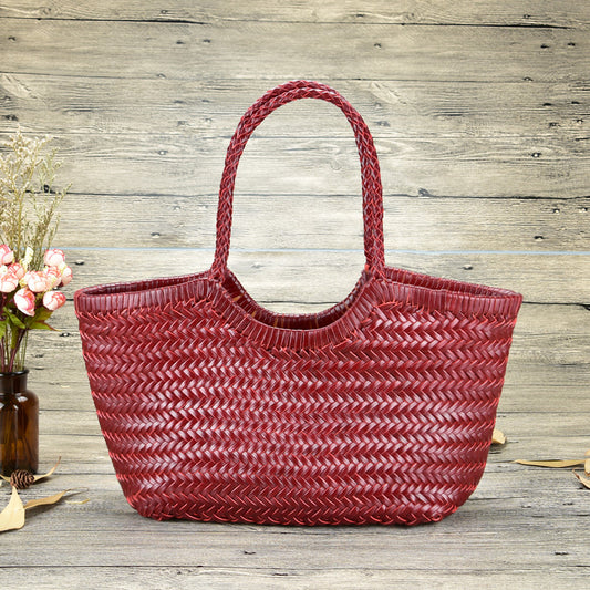 Woven Bag Leather Leisure Vegetable Basket Bag Wine Red