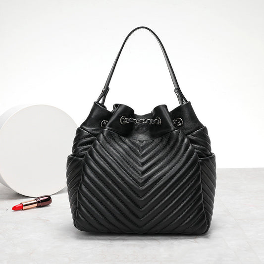 Pleated Sheepskin Genuine Leather Top Handle Bags Fashion Adjustable Chain Shoulder Bags Black