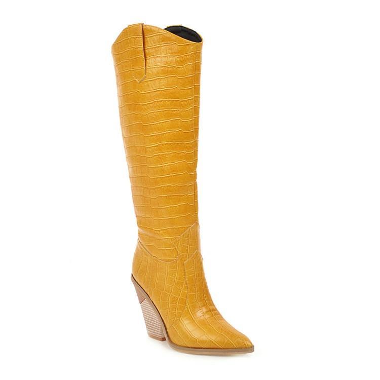 Winter New Short Plush Pointed Knight High Boots Pattern Trendy Women Yellow