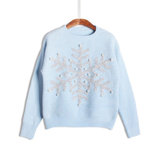 Snowflake sequin beaded sweater Blue