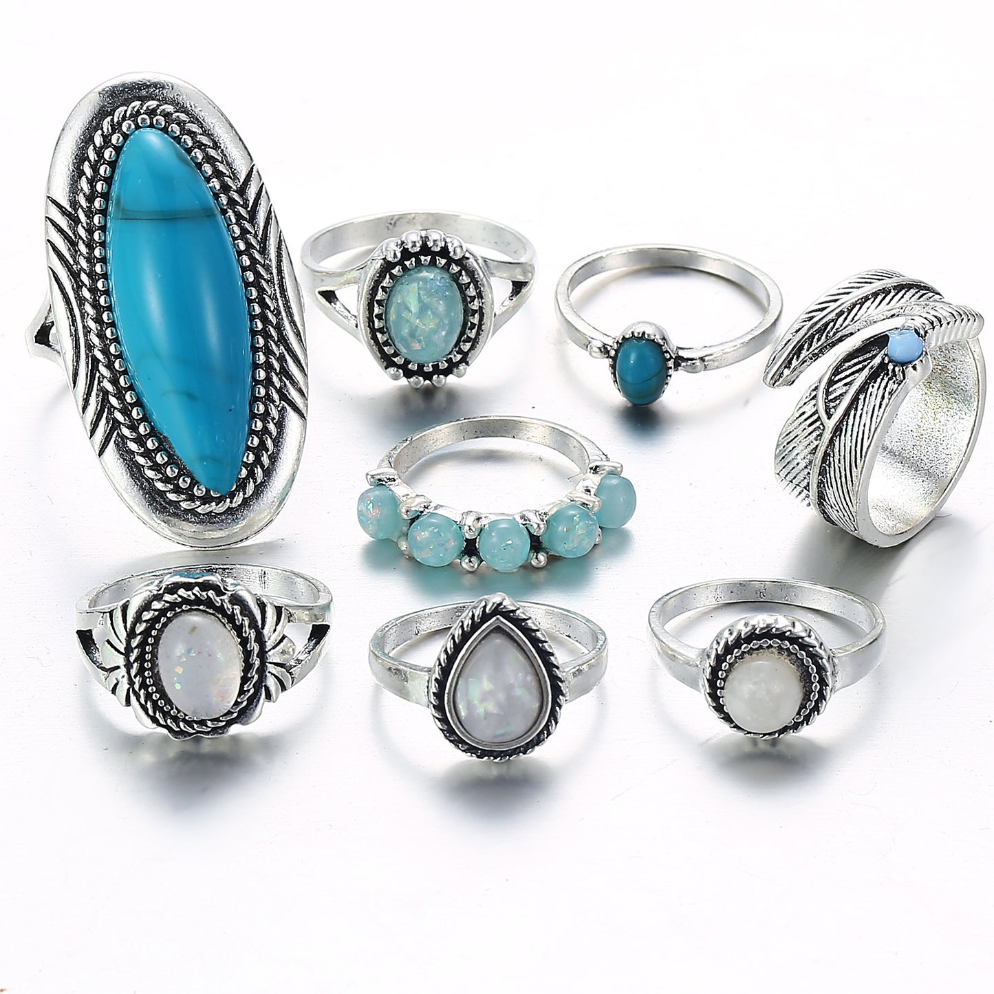 Opal Ring Set Turquoise Eight Piece Jewelry GCH0402