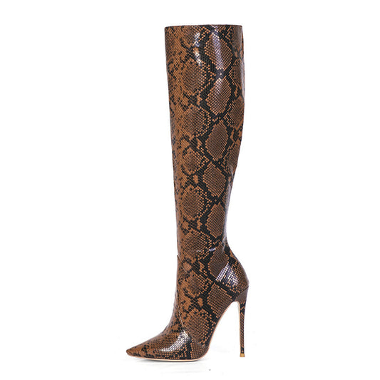 Spring And Autumn New Stiletto Heel High Heels Side Zipper Snake Pattern High-top Boots Brown