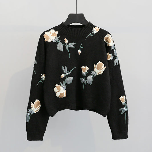 Embroidered flowers small pullover sweater Black Onesize