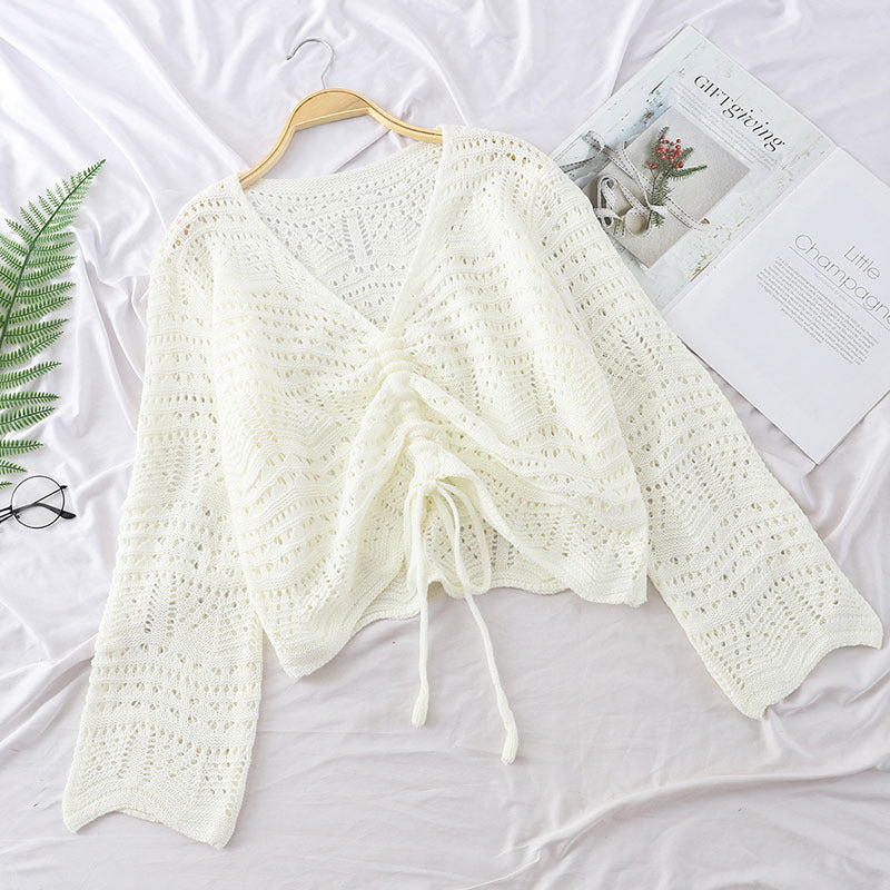 Loose Knit Sweater Short Sweater Women Long-sleeved Mesh White