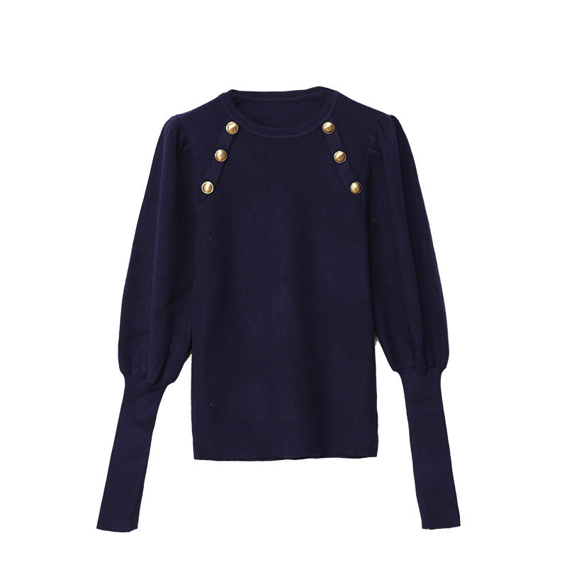 Sweater Women Chic Button Up Black Sweater Pullover Blue