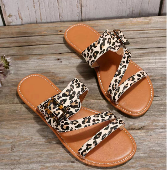 Leopard Print Slippers Summer Flat Sandals For Women Beach Shoes White leopard