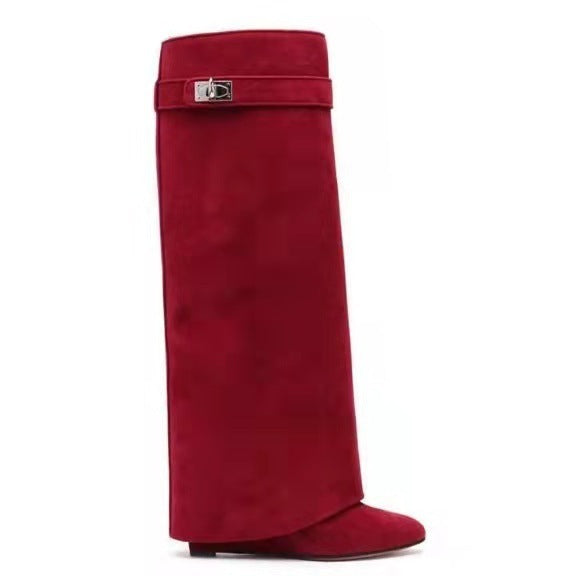 New Wedge Pants Boots Metal Lock Pants Fashion Women Sleeve Red Matte