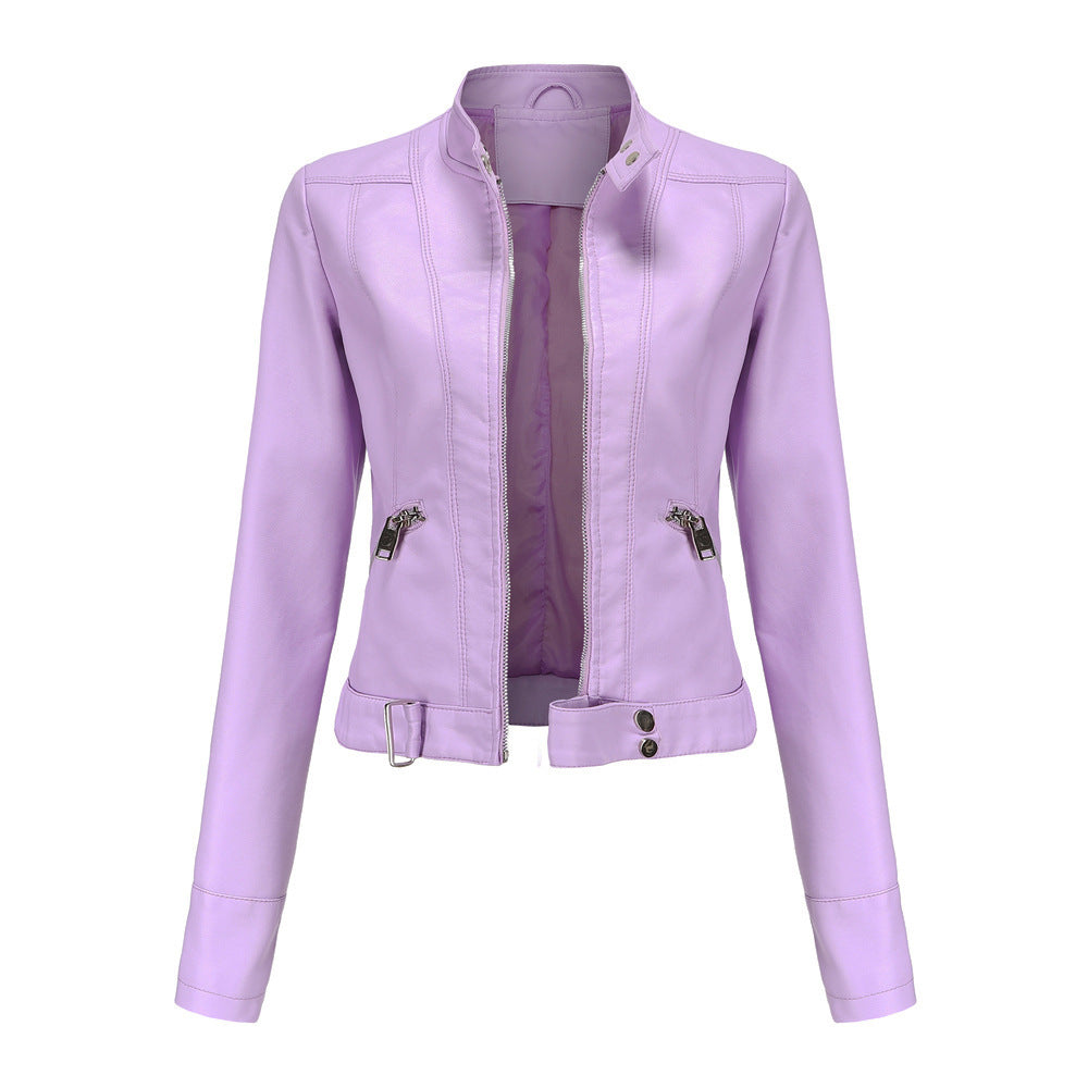 Ladies Leather Jacket With Stand-up Collar Pink