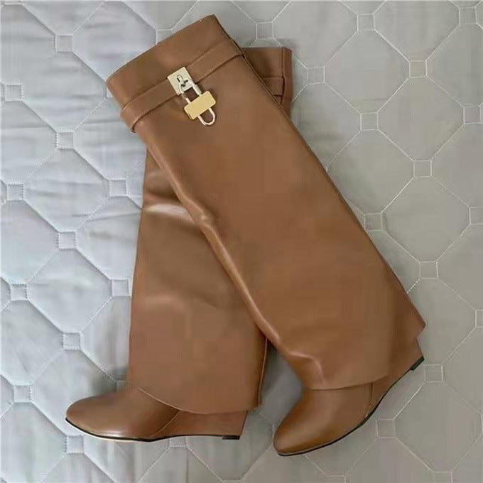 New Wedge Pants Boots Metal Lock Pants Fashion Women Sleeve Apricot