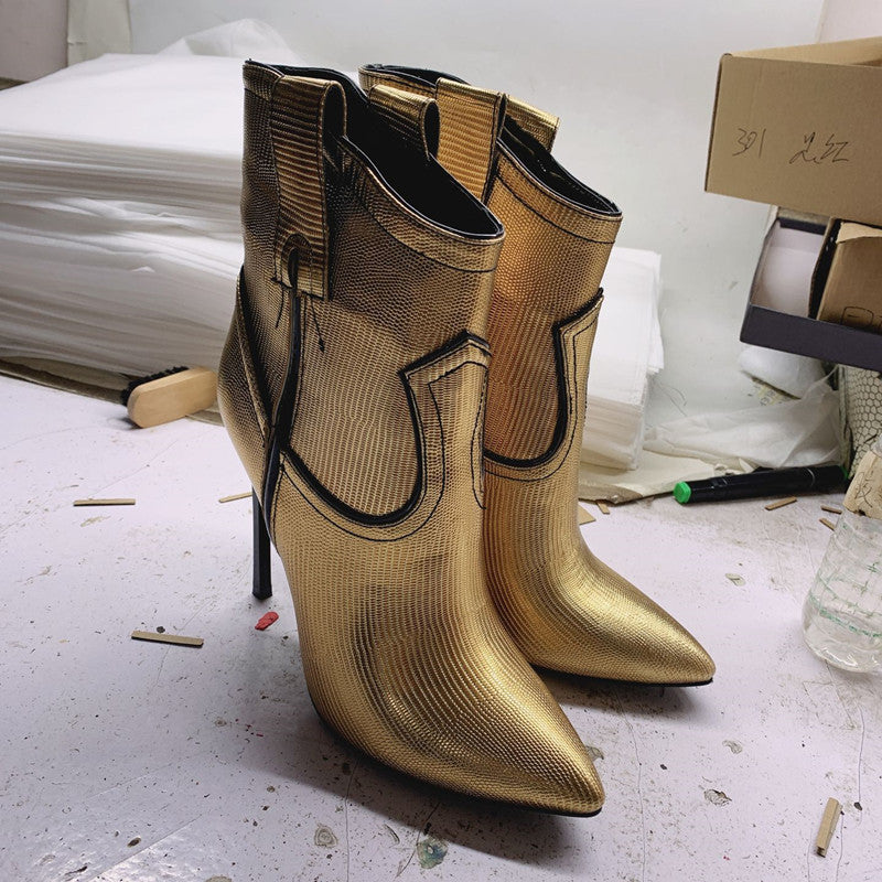 Pointed Toe Sleeve Stitching High Heel Women's Boots Gold