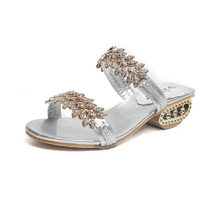 Mid Heel Rhinestone Sandals Silver