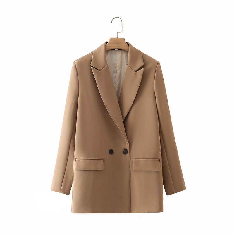 Women's Multicolor Double Breasted Suit Coat Suit Coffee