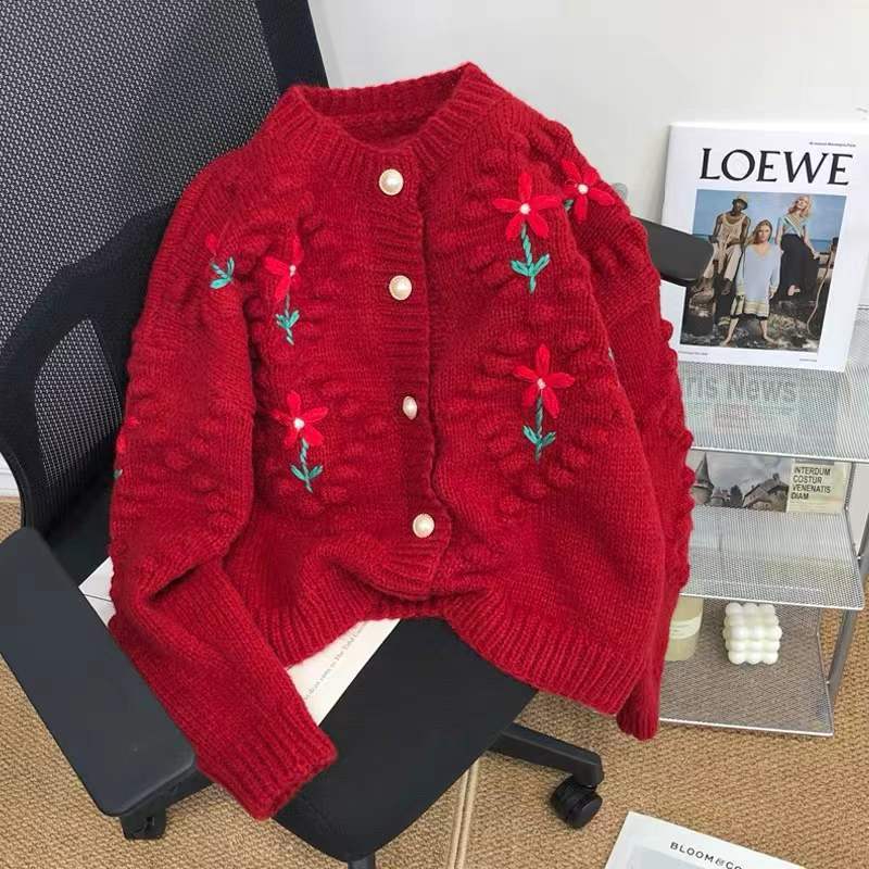 Retro Crochet Short Western Style Knitted Cardigan Korean Style Loose Temperament Lazy Sweater Women Red Free Size