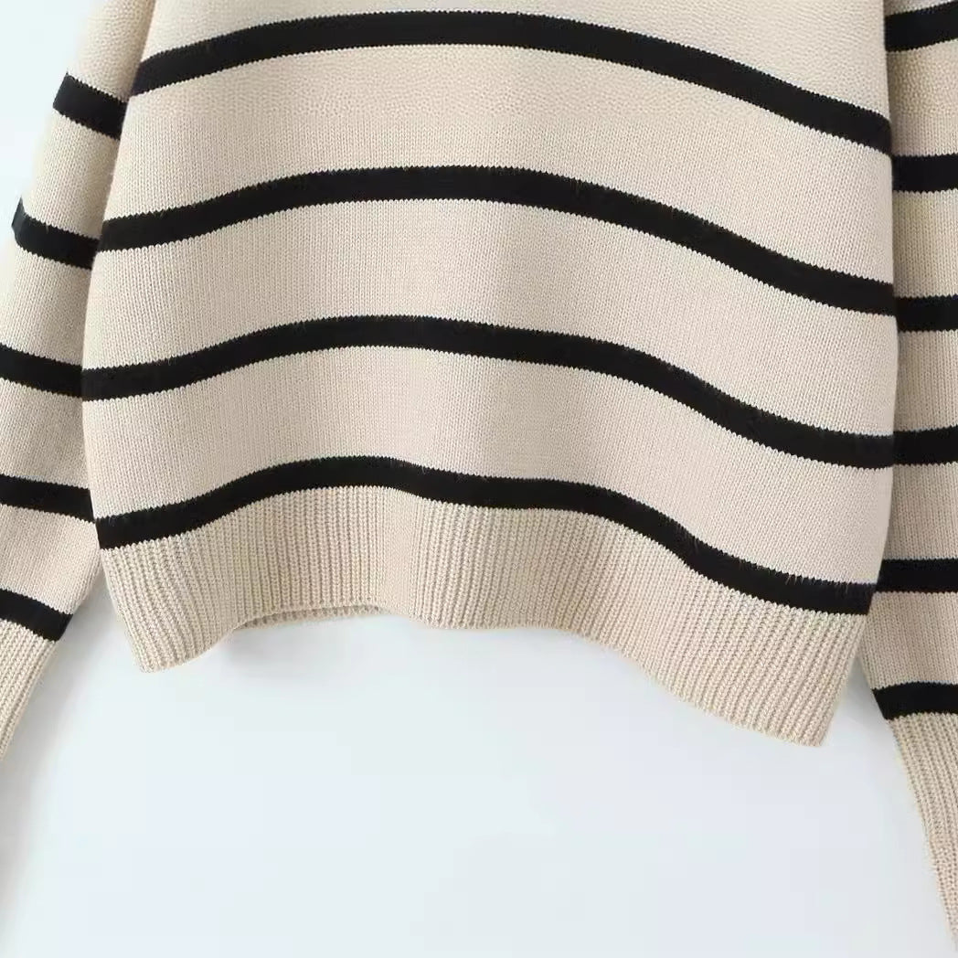 Women's Loose Casual Large Lapel Striped Long Sleeve Sweater