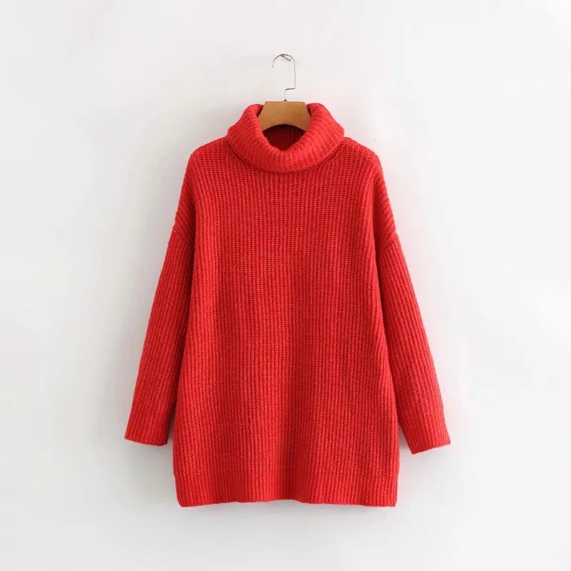 Turtleneck sweater women European style loose knit sweater Red