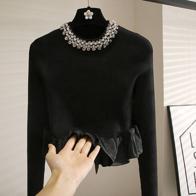 Beaded Design Sense Lace Stitching Black Temperament Sweater Top For Women Black