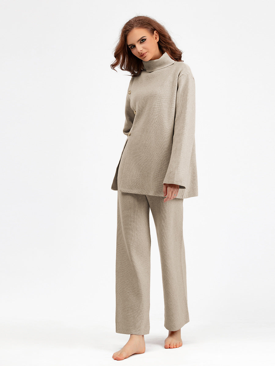 Niche Stand Collar Slit Knitted Turtleneck Sweater Wide Leg Pants Two-piece Set