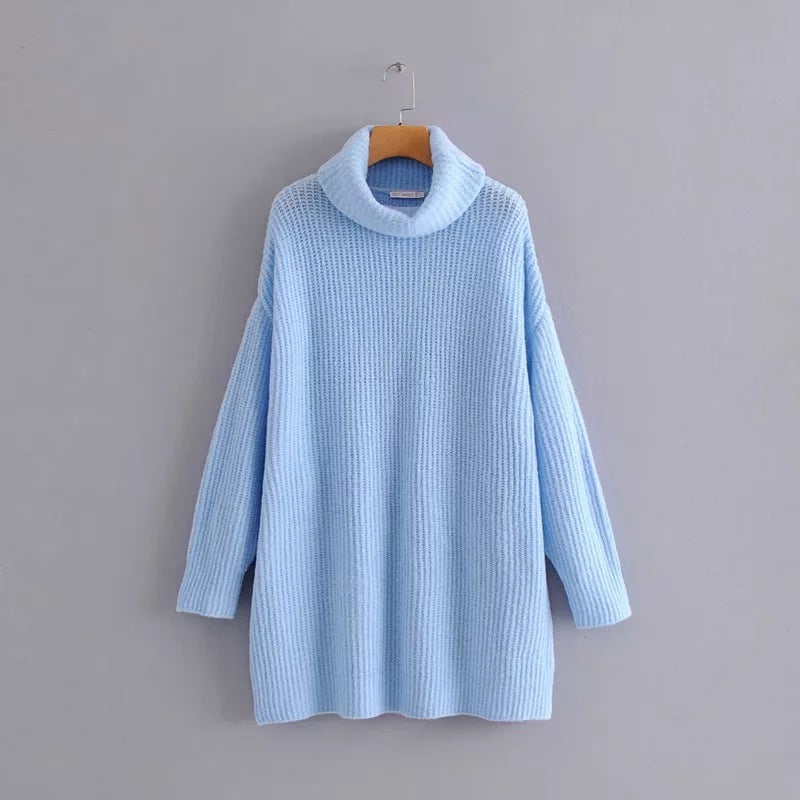 Turtleneck sweater women European style loose knit sweater Light Blue