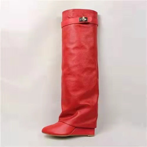 New Wedge Pants Boots Metal Lock Pants Fashion Women Sleeve Red