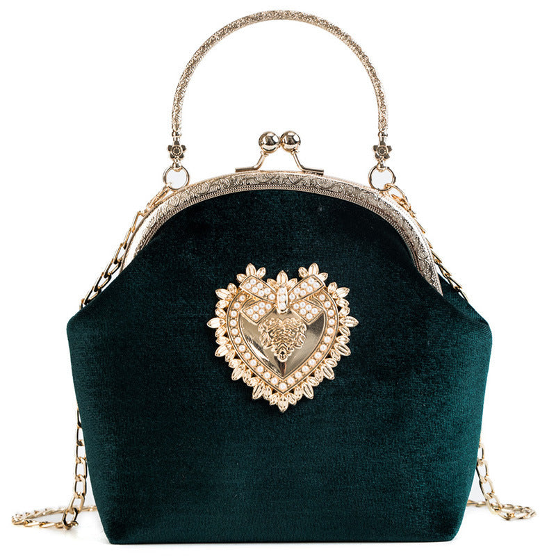 Personalized hand pocket retro gold velvet shell bag with diamonds Green