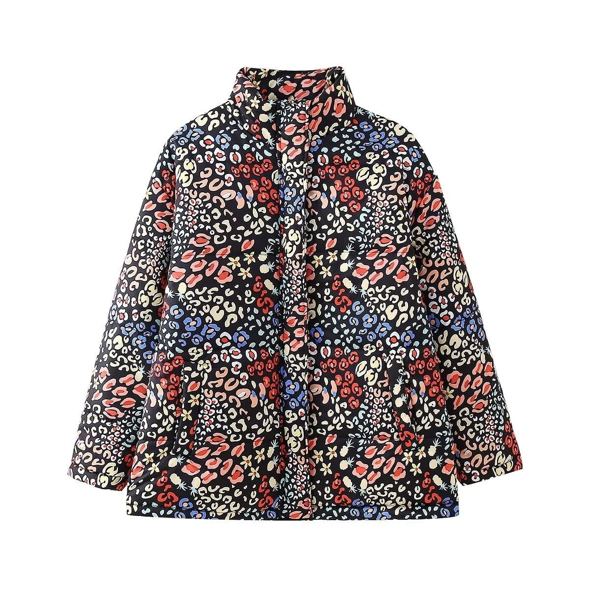 Stand Collar Printing Loose Zip Cotton Coat Jacket