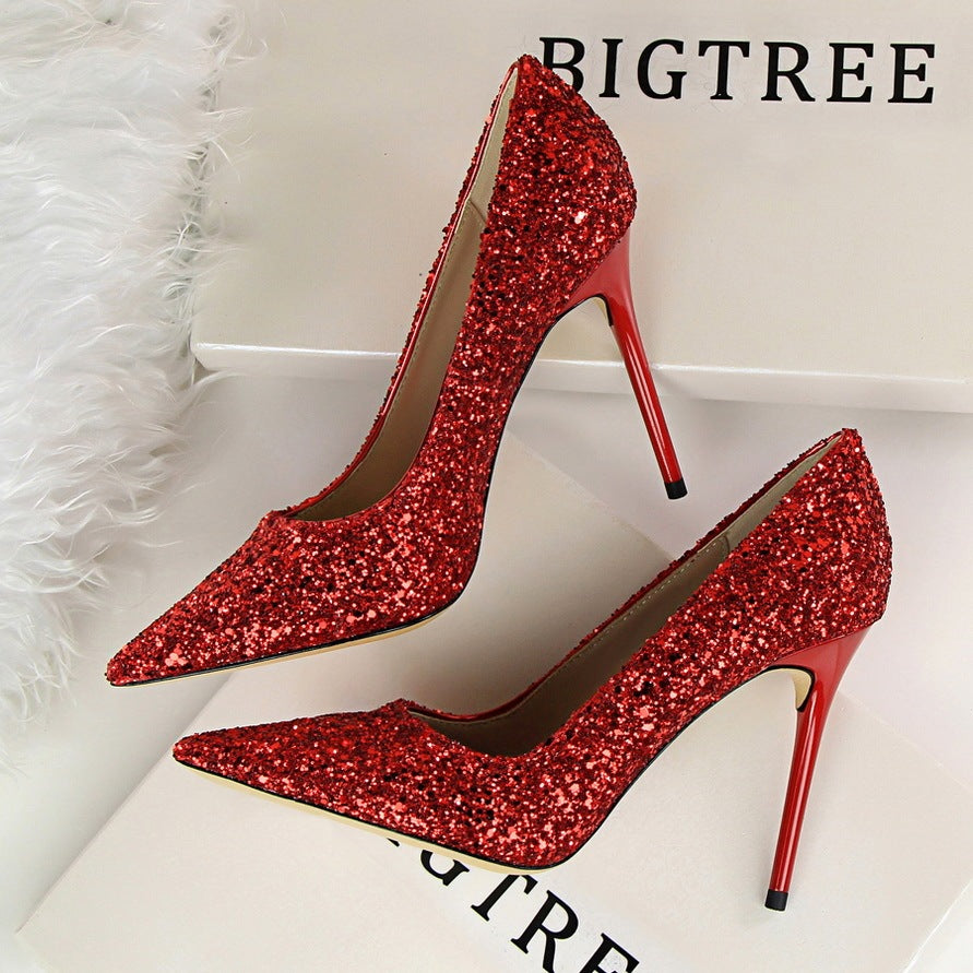 Shining sequins sexy slim nightclub high heels Red